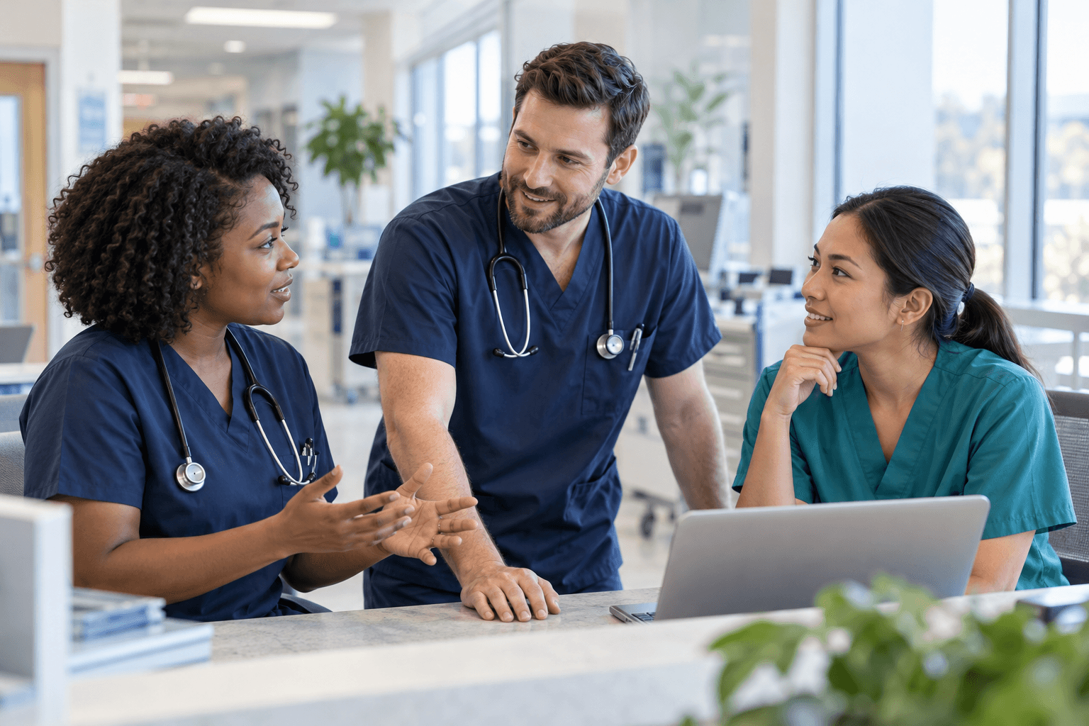 Editorial illustration: A clinical team discussing staffing at a hospital workstation