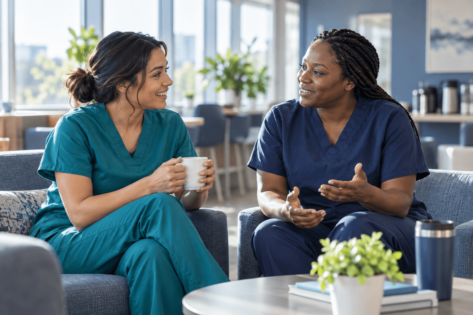 Editorial illustration: Nurses having a supportive career conversation