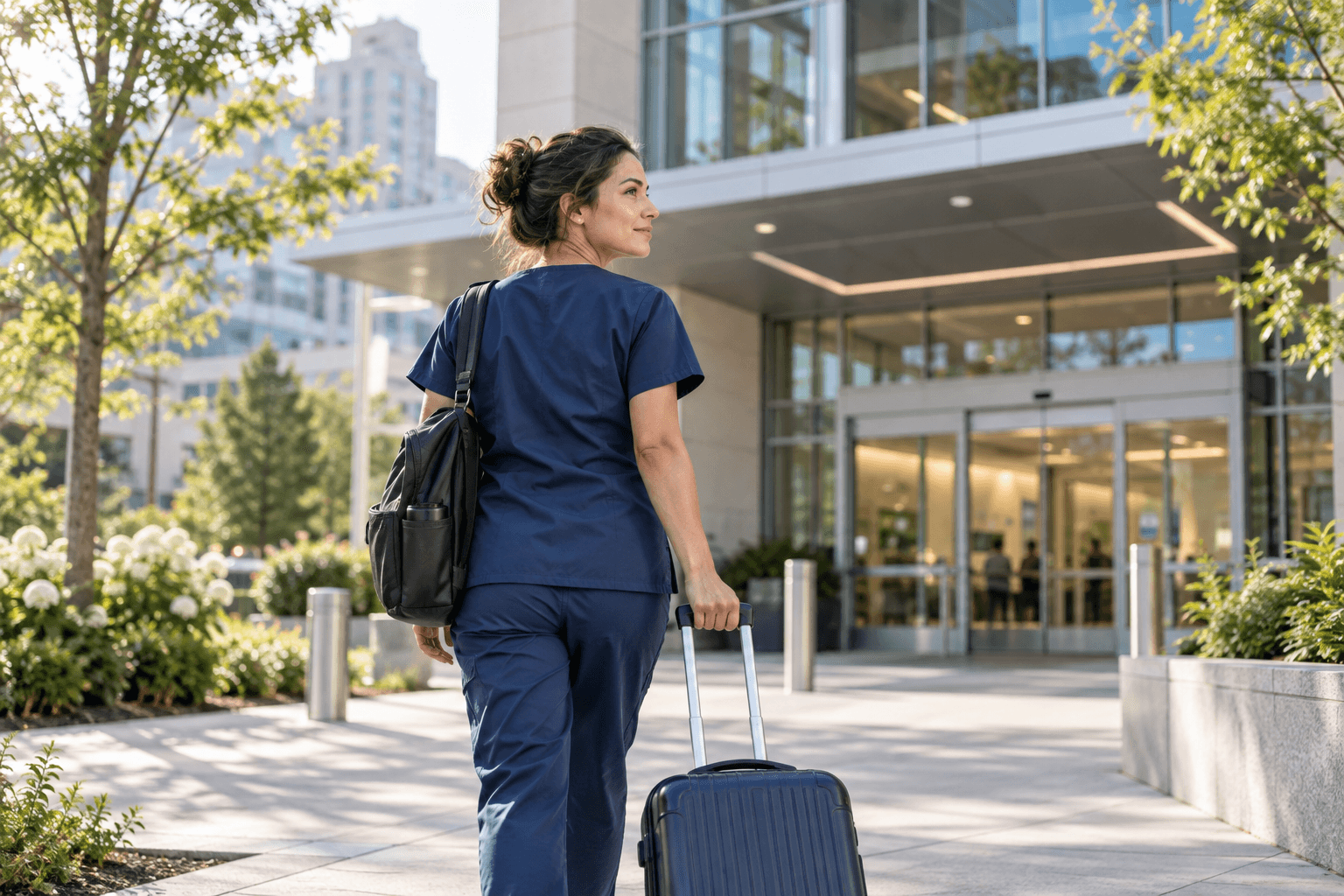 Editorial illustration: A travel nurse arriving at a regional hospital
