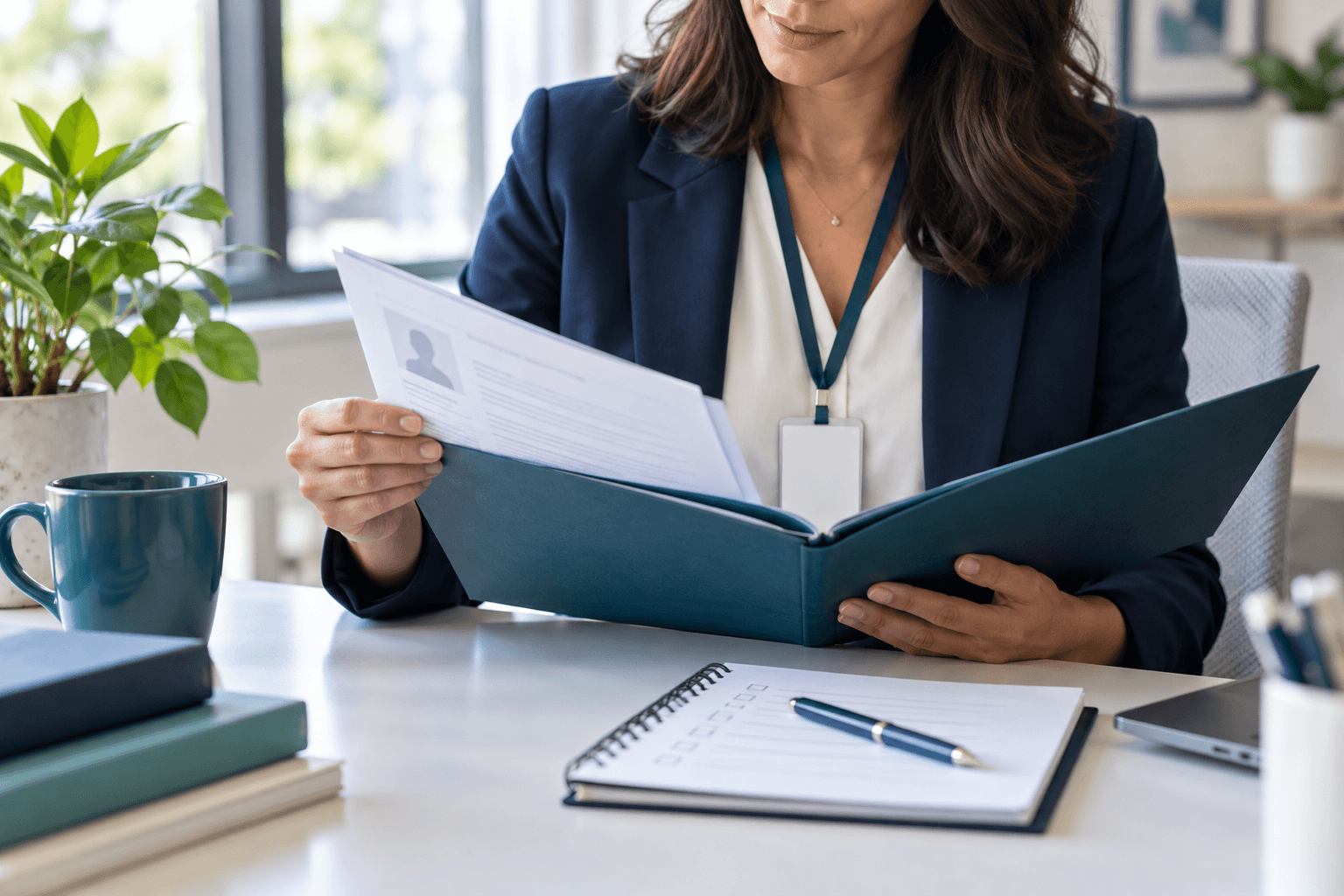 Editorial illustration: A recruiter reviewing professional credential documents