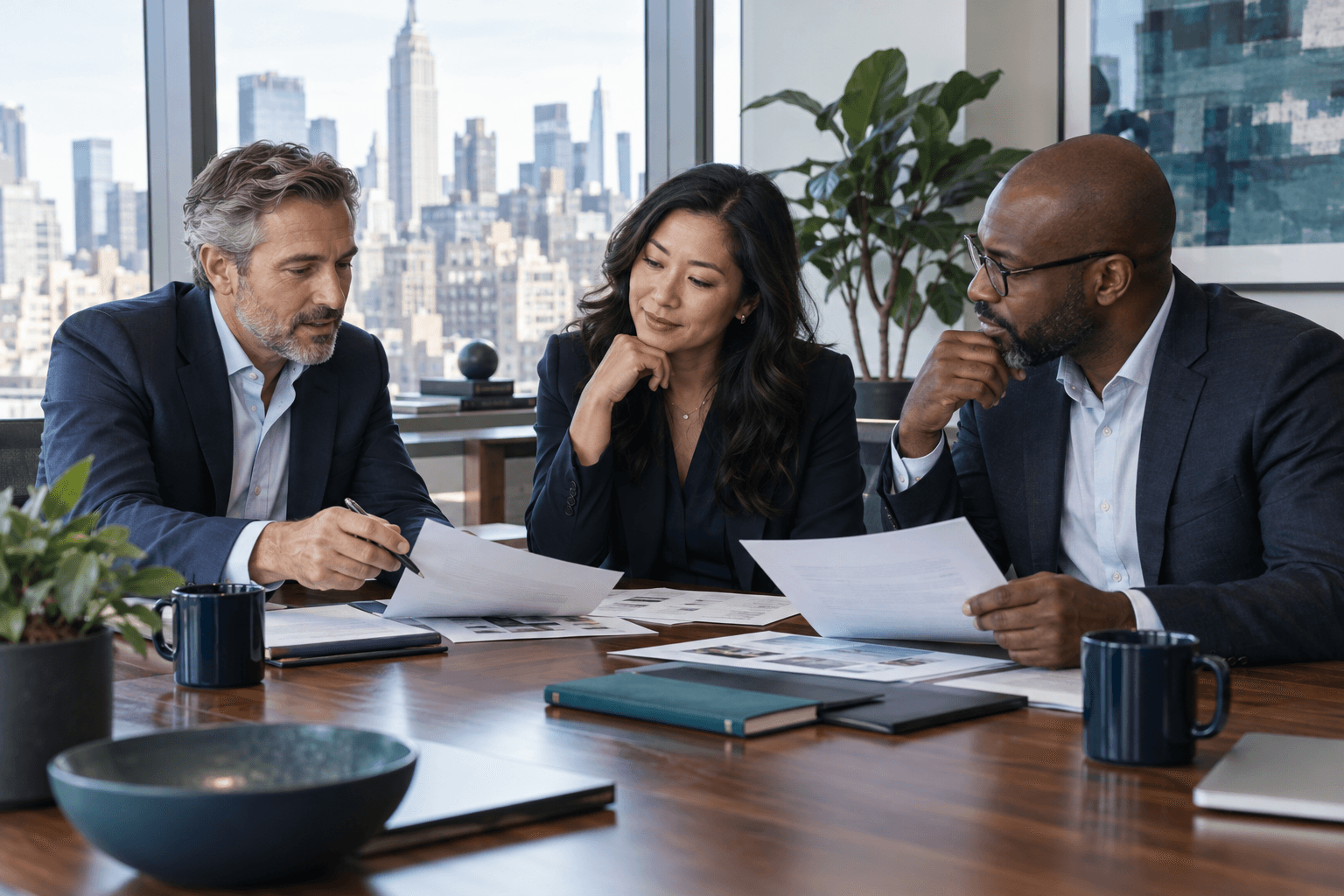 Editorial illustration: Business leaders reviewing a hiring proposal together