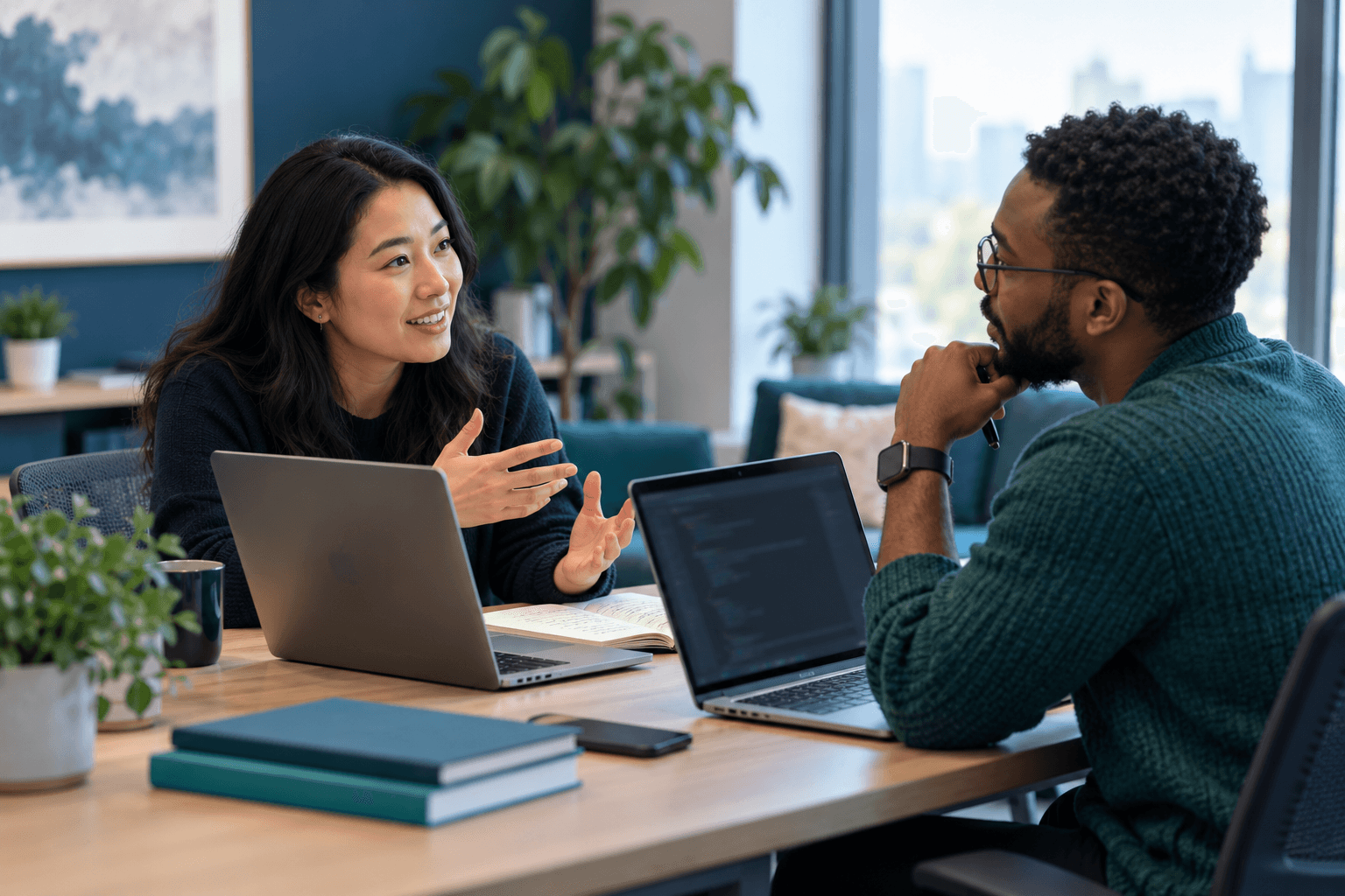 Editorial illustration: Software engineers working through a technical interview
